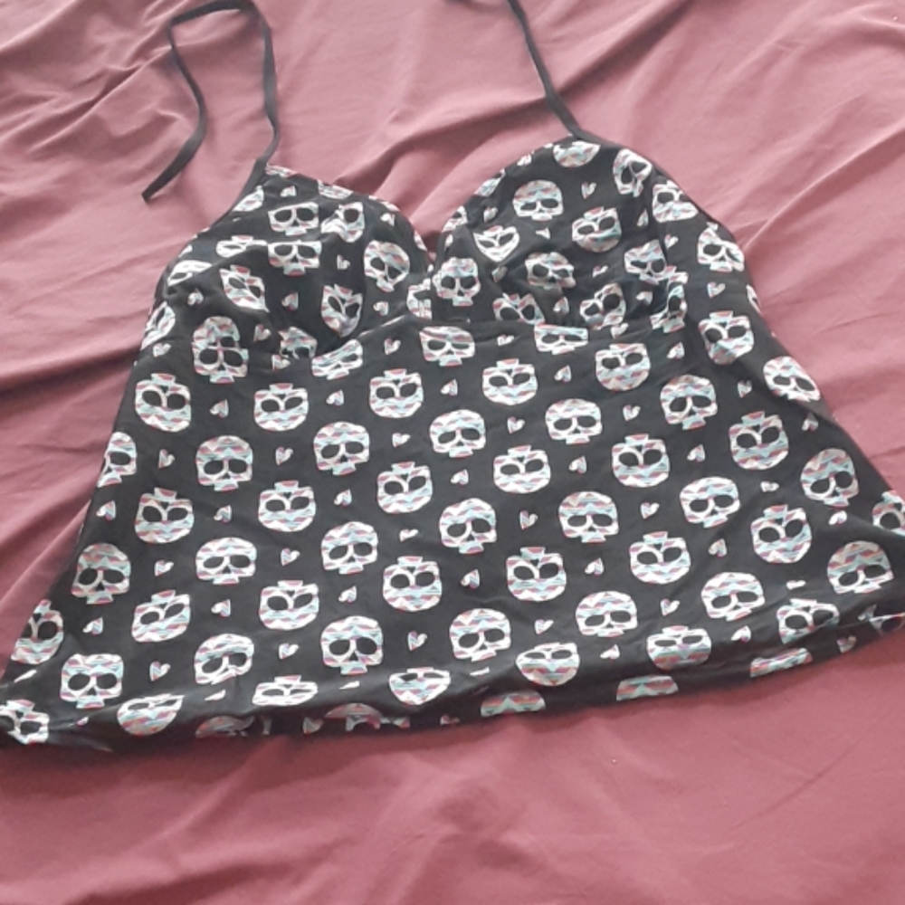 Swimsuit top black with rainbow skulls